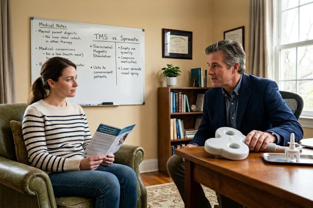 TMS vs Spravato discussed by a doctor and female patient during an in-office consultation with treatment models on desk.