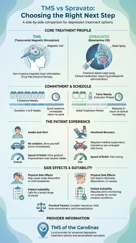 TMS vs Spravato comparison infographic covering treatment profiles, schedules, patient experience, and side effects. 