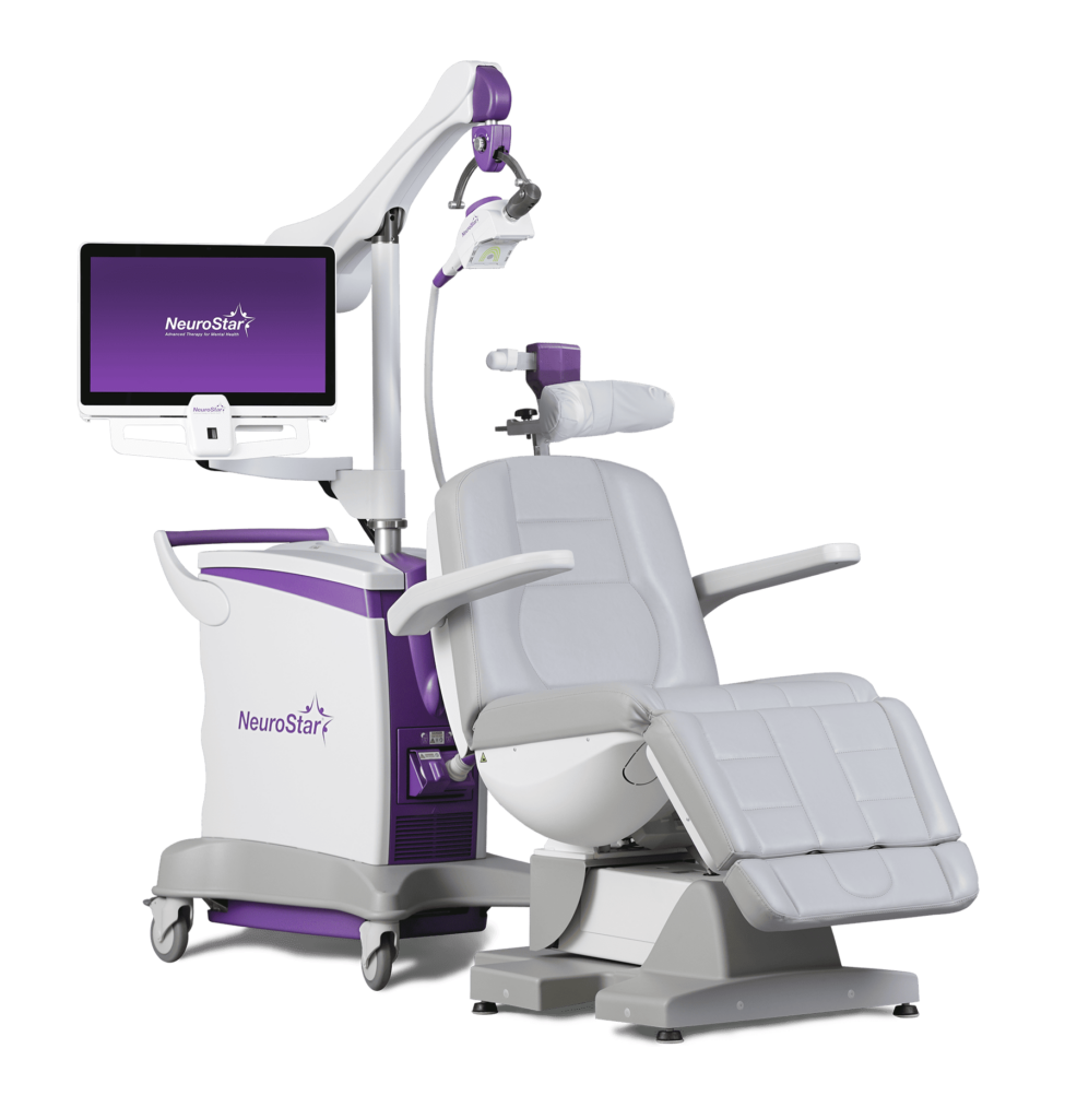 TMS vs Spravato treatment option shown as a full NeuroStar TMS machine with reclining chair against a black background.