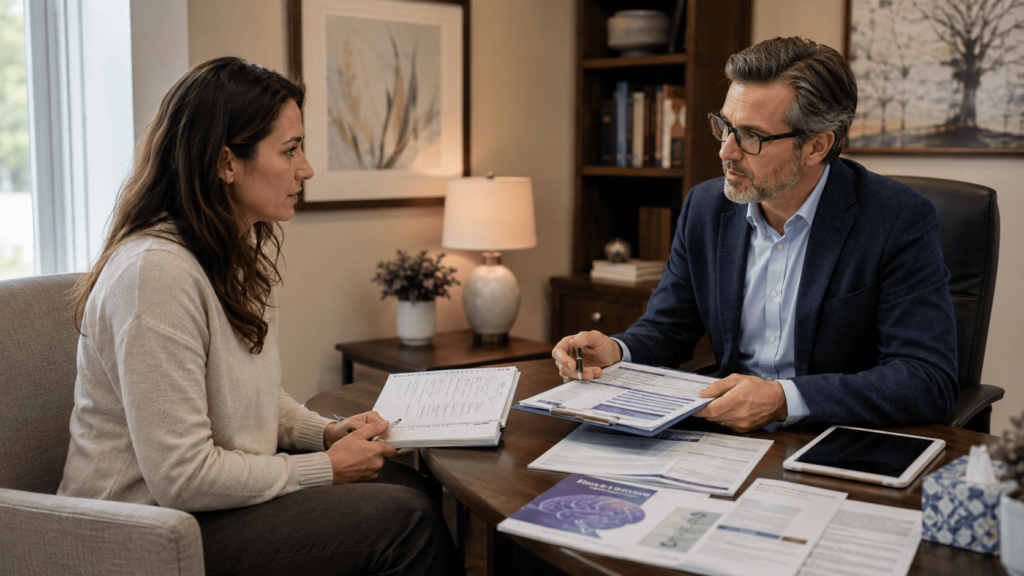 Woman discussing Can I do Spravato and TMS together? with a psychiatrist during an office evaluation session.