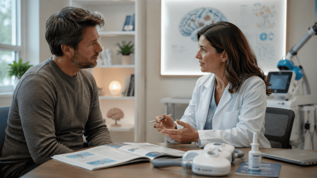 Doctor explains: Can I do Spravato and TMS together? during a neurology consultation with a male patient.