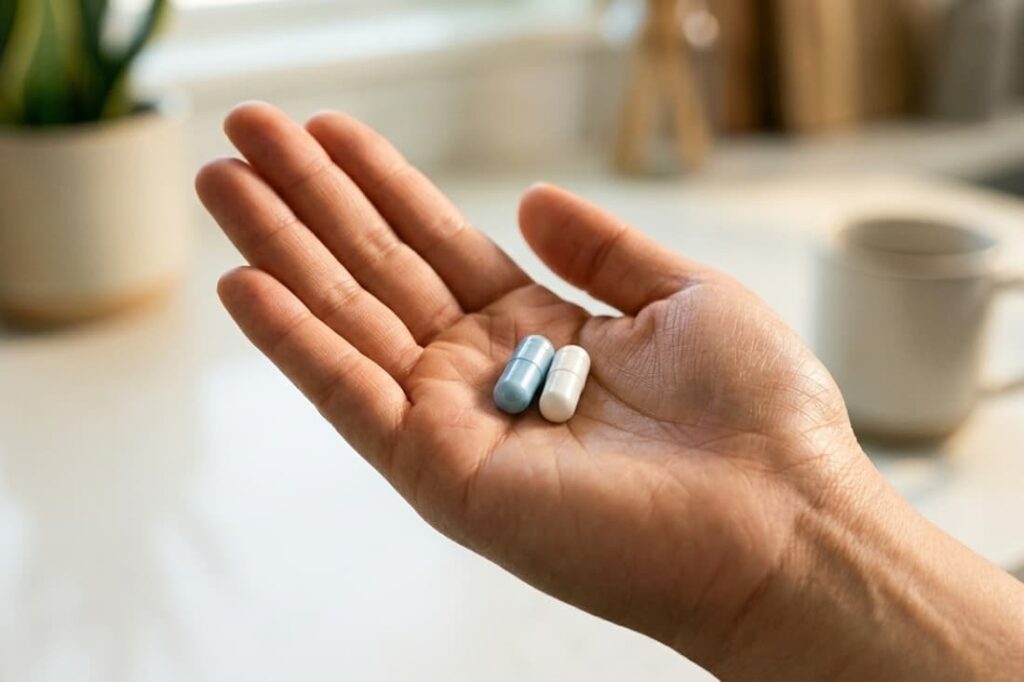 Hand holding two antidepressant capsules, representing the medication side of TMS therapy for depression vs medication.