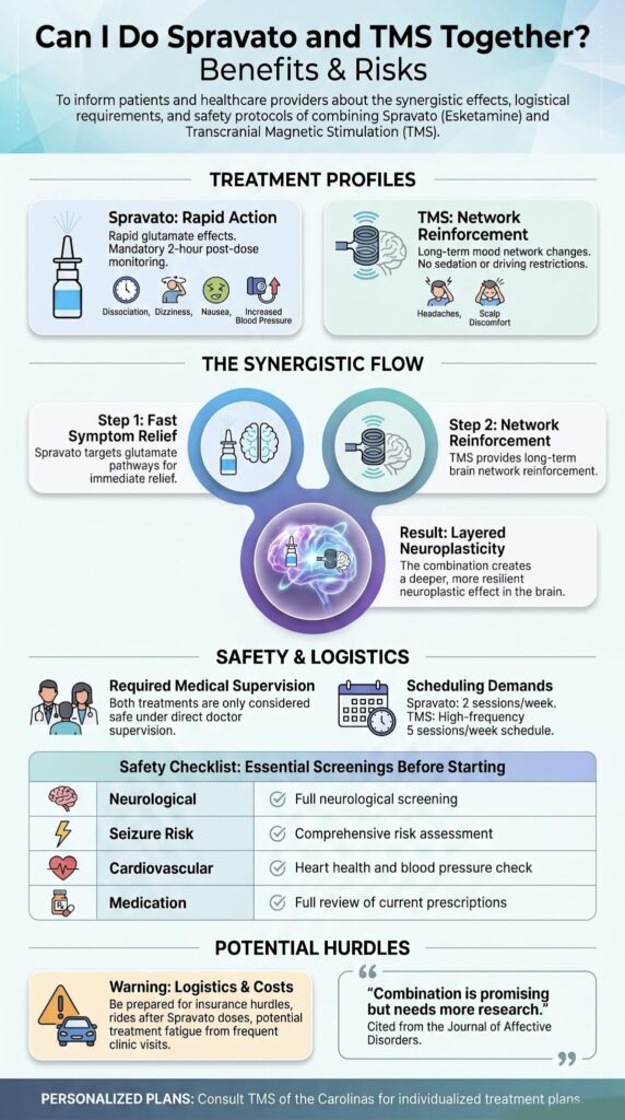 Infographic answering Can I do Spravato and TMS together, showing benefits, risks, and safety guidelines.