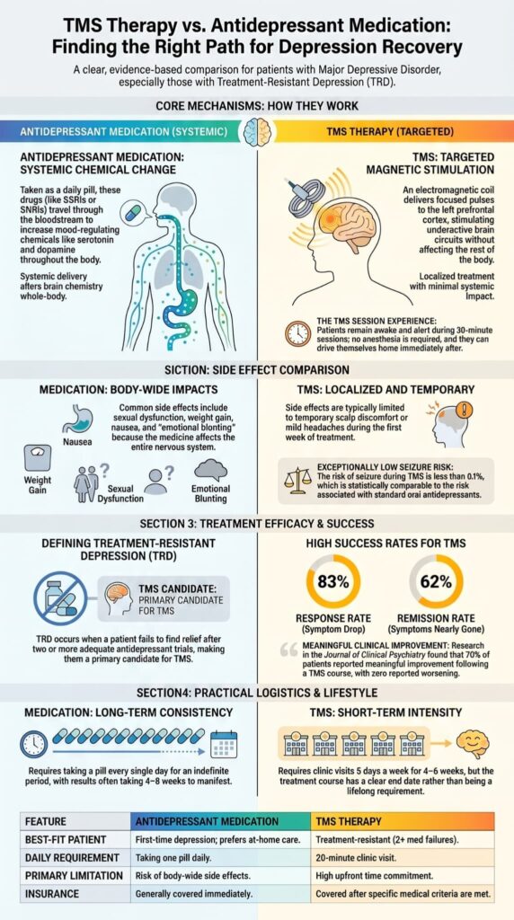 Infographic comparing TMS therapy for depression vs medication covering mechanisms, side effects, and efficacy rates.