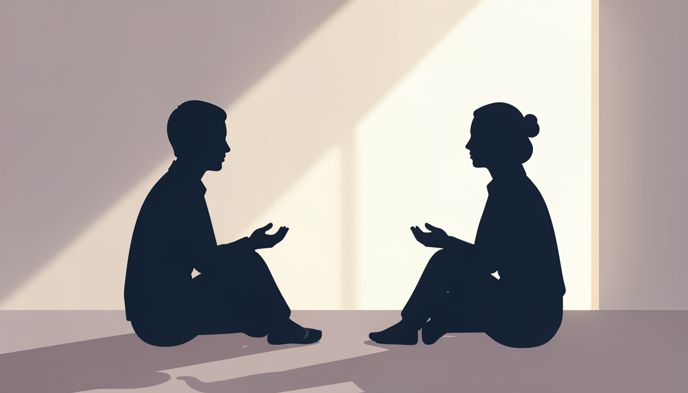 A minimalist silhouette of a parent and a professional having a supportive conversation about teen TMS.