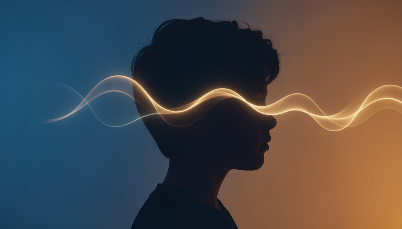 A side profile silhouette of a teenager with a glowing wave pattern mapping neural activity and mood.