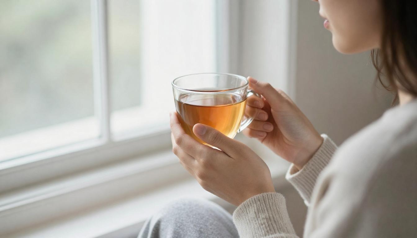 A peaceful person holding a warm mug by the window, feeling safe with no anxiety.