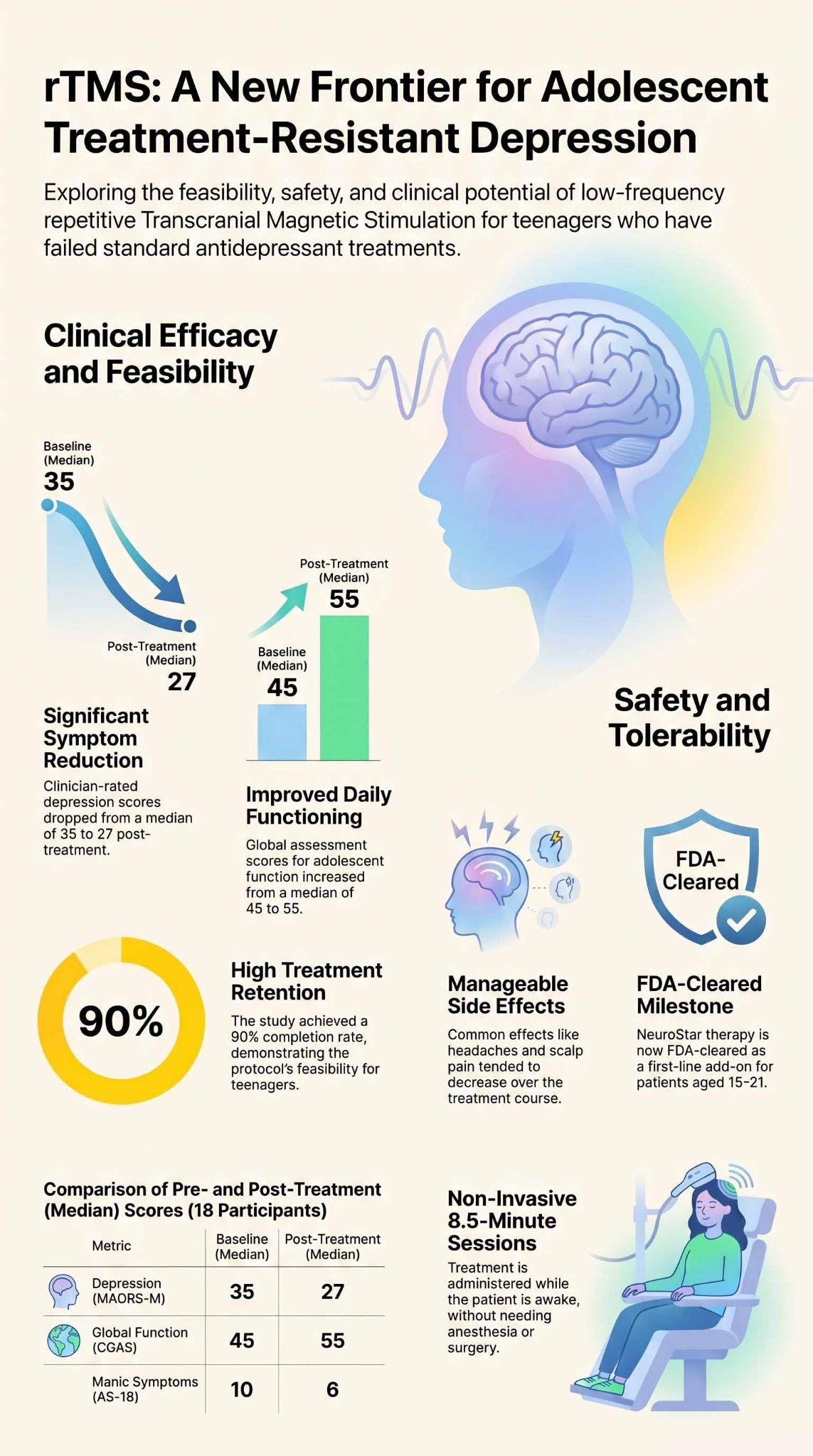 An educational infographic displaying research data on rTMS clinical efficacy for adolescent depression.