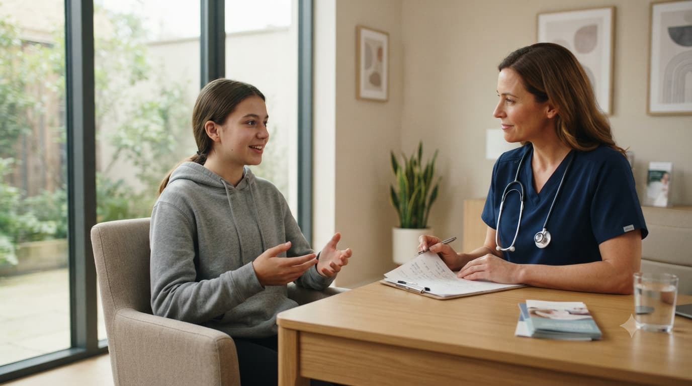 Doctor talking with a teenage patient about TMS therapy safety during a consultation