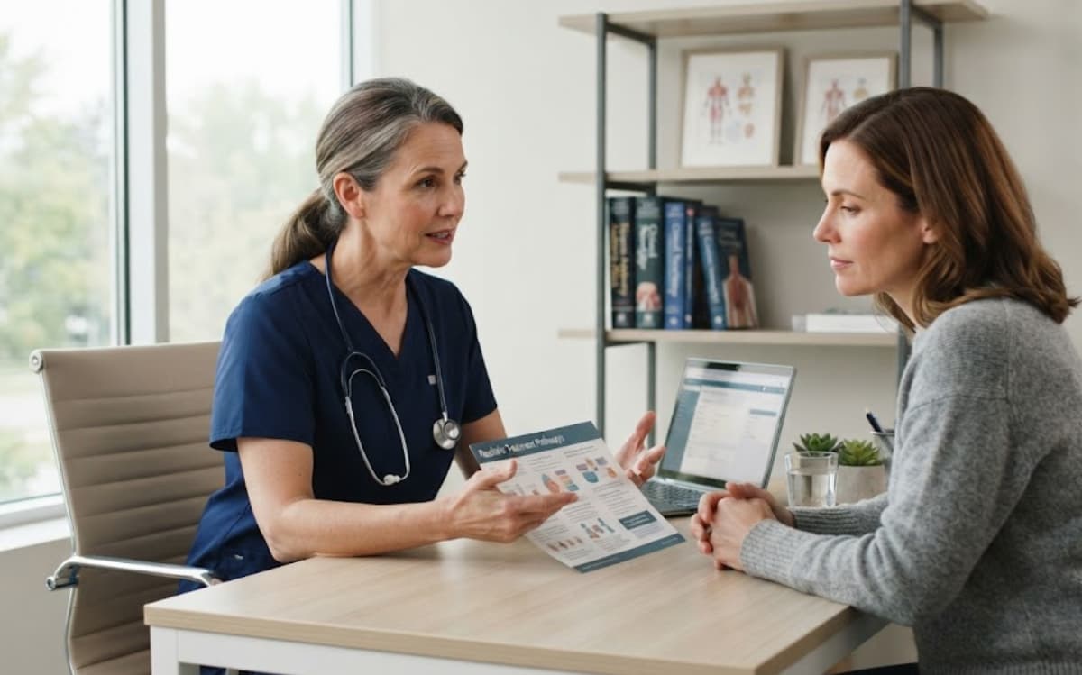 Doctor reviewing a TMS treatment pathway with a patient exploring options for low motivation