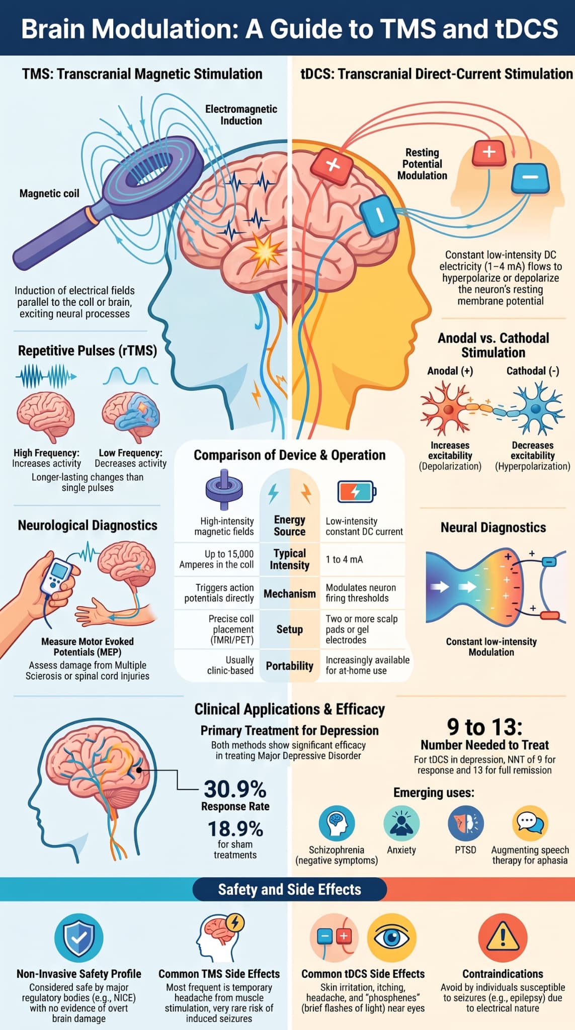 Infographic comparing TMS and tDCS therapy safety profiles, side effects, and clinical use in patients