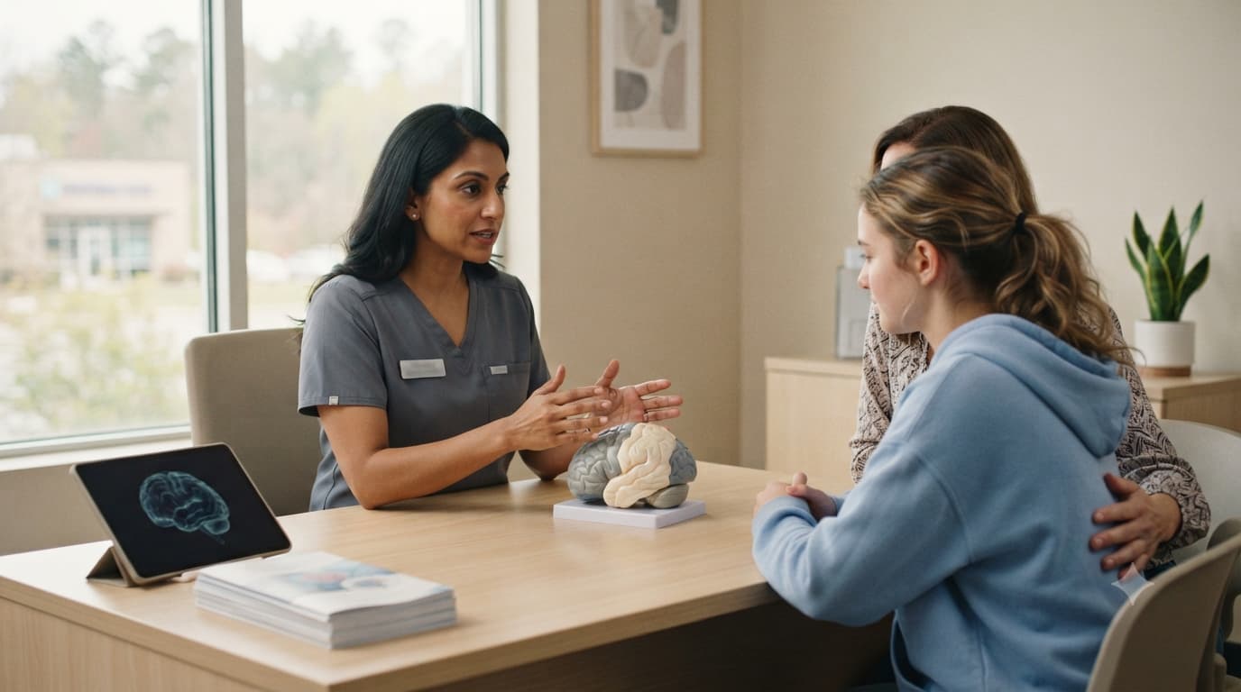 Clinician using a brain model to explain TMS therapy safety to a teen and parent