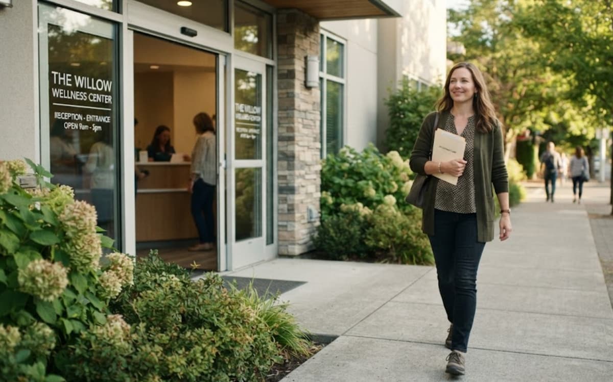 The patient arrives at a wellness center, reflecting real outcomes reported after starting TMS therapy.