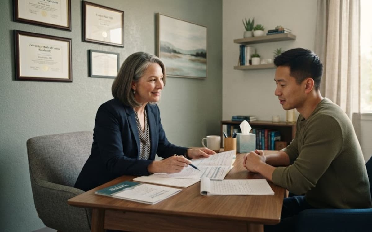 Psychiatrist discusses a patient's progress notes, reflecting real outcomes tracked during TMS therapy.