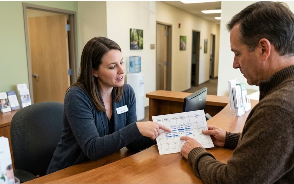 Staff scheduling a patient's sessions under a TMS therapy treatment plan