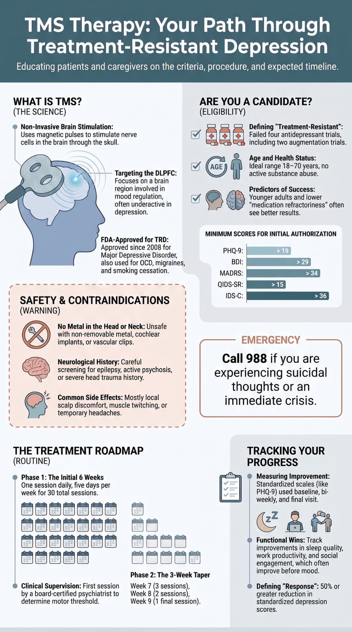 Infographic summarizing TMS therapy criteria and outcomes patients can expect to see.
